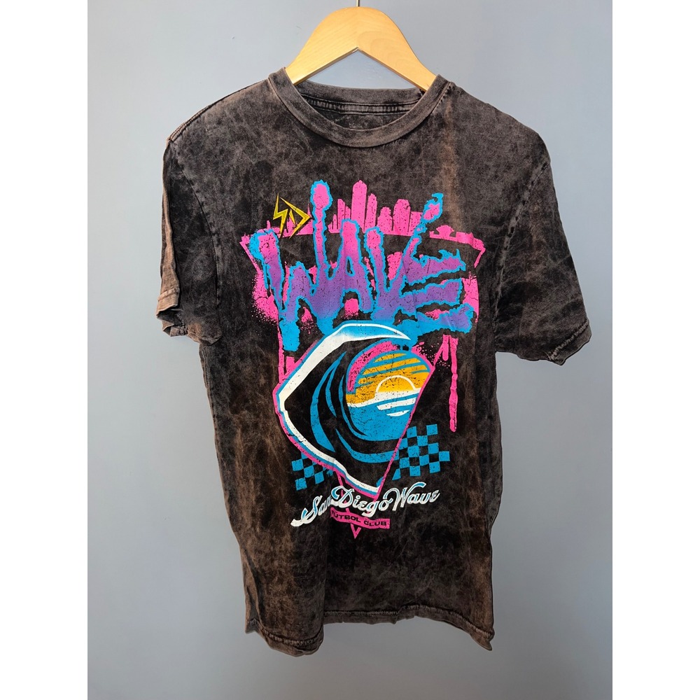The Wild Collective San Diego Wave FC Soccer Tee Black Acid Wash Neon Graphic M